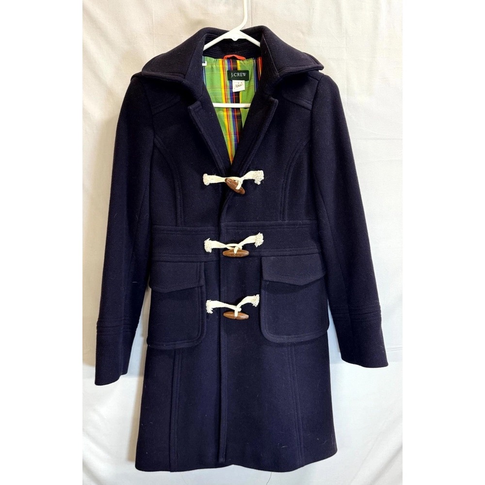 J.Crew Stadium Duffle Coat Womens 2 Navy Blue Virgin Wool Toggle Button Vintage